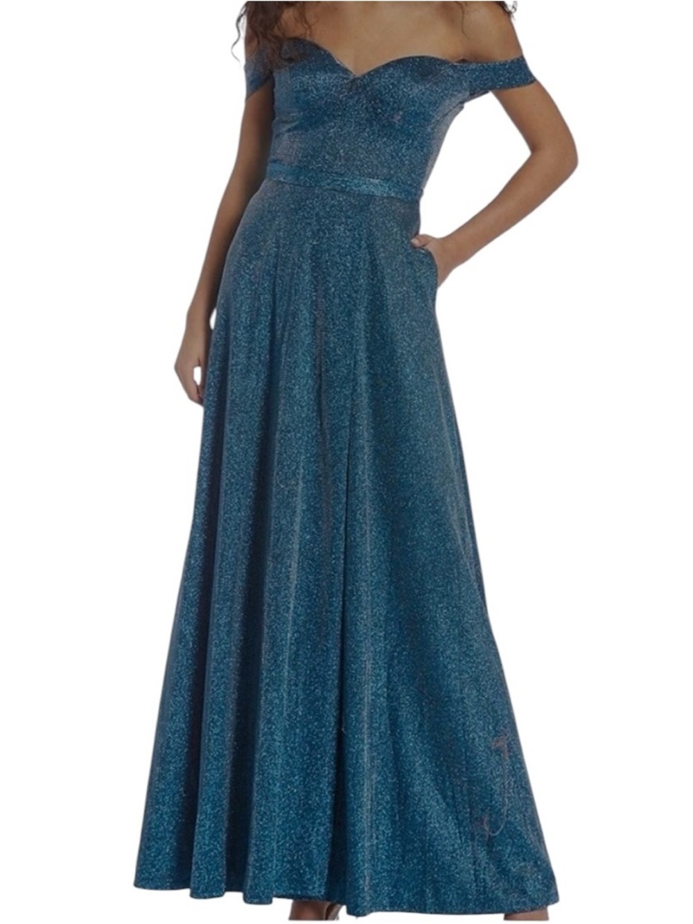 New City Vibe Teal Shimmery Off-the-Shoulder Corset Gown w/ Pockets - Size 18W